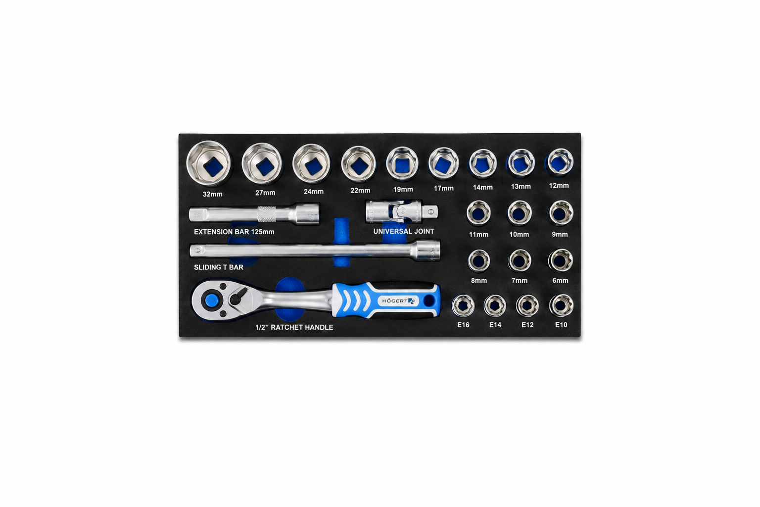 HOGERT HT7G128 1\2 Sockets set with ratchet handle, 23 pcs