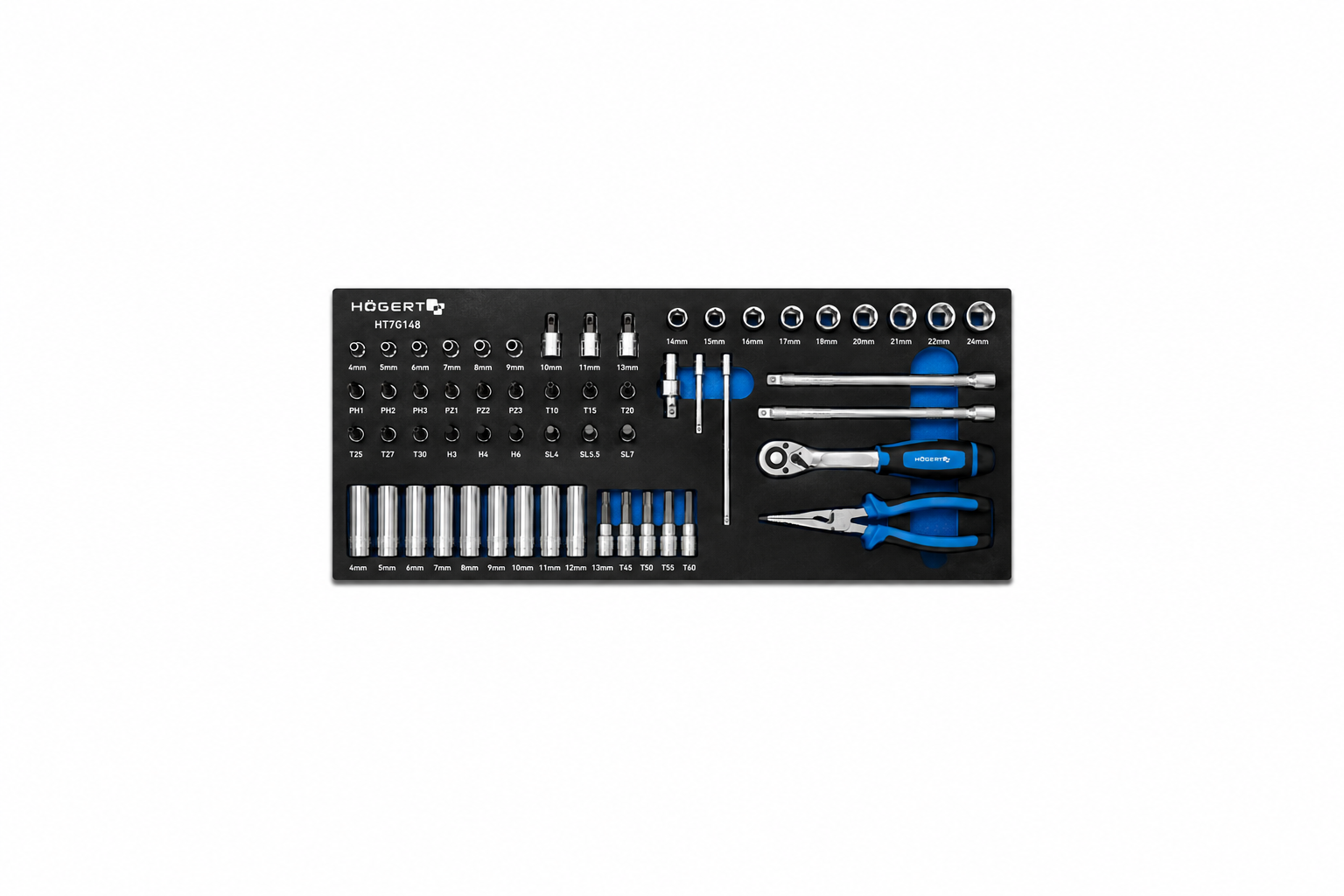 HOGERT HT7G148 1/4 Sockets set with ratchet handle, 63 pcs