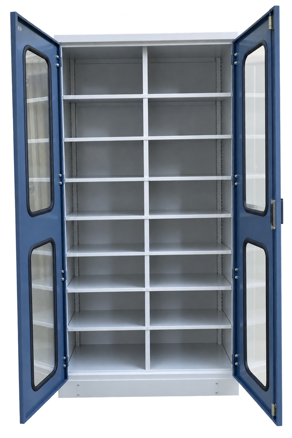 Solo Make Glass Door Cupboard with 16 Compartments, size LxDxH -1000x500x2000mm,  center lock, powder coated RAL 7035/7016