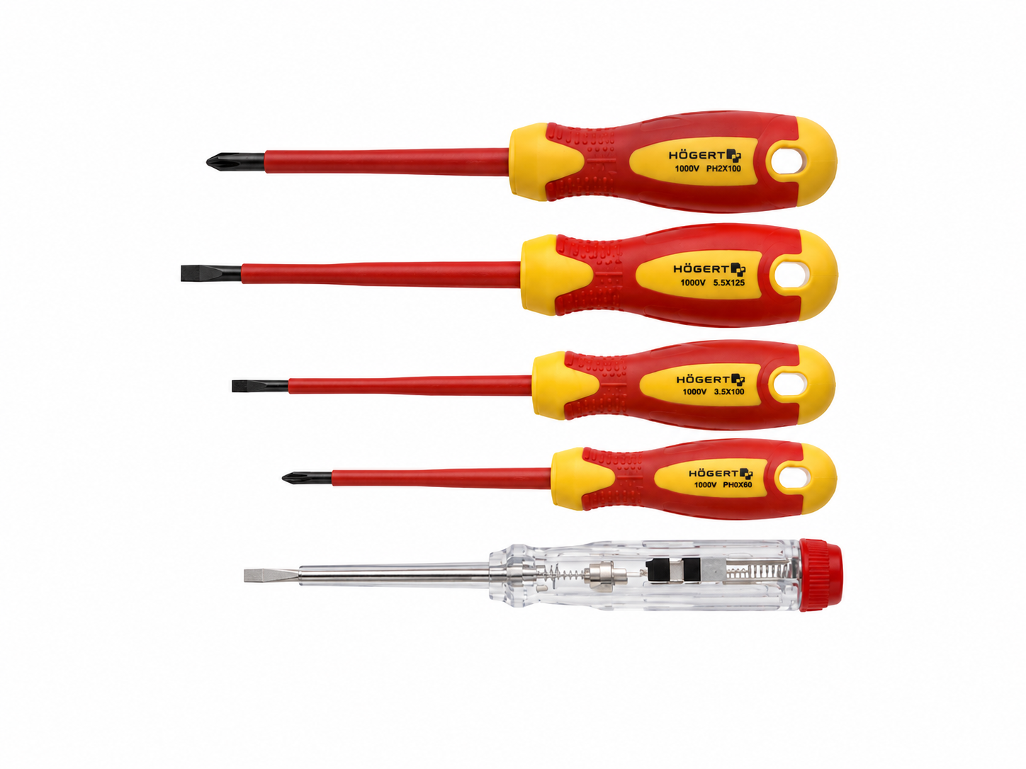 HOGERT HT1S994 5- piece insulated screwdriver set, 1000 V, S2 steel. With voltage tester.